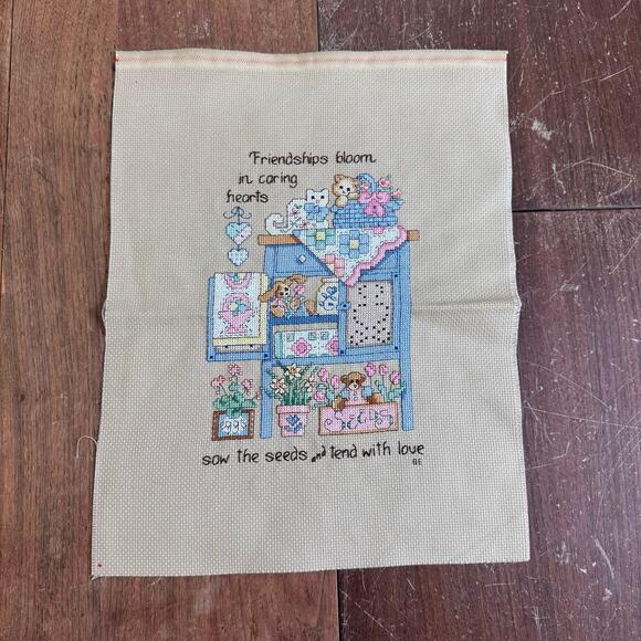 Vintage Cross Stitch Cats Friendships Bloom‎ Quote COMPLETE ready to frame - Picture 1 of 7